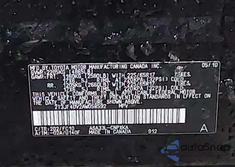 2010 Toyota Rav4 from USA, damaged, VIN 2T3JF4DV2AW058592